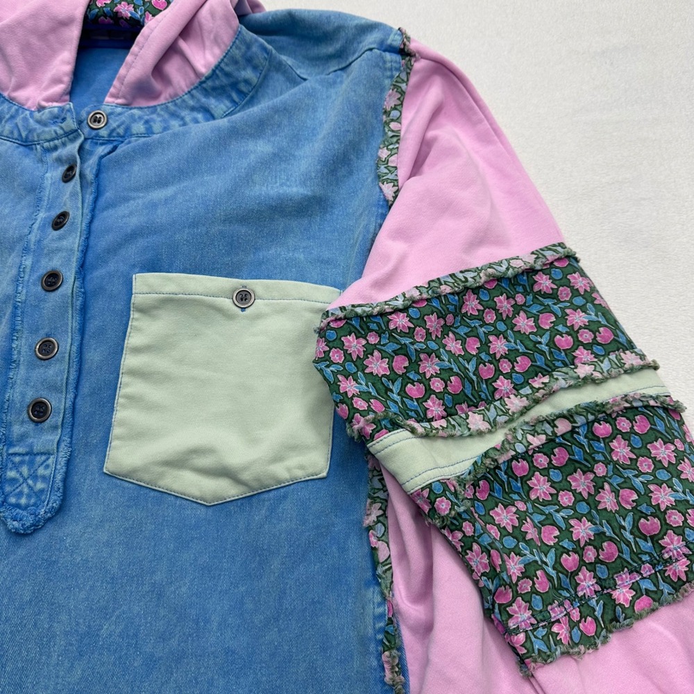 Blue Velvet Pink Boho Patchwork Hoodie Sweatshirt Womens Size S Oversized Shabby - Picture 4 of 8